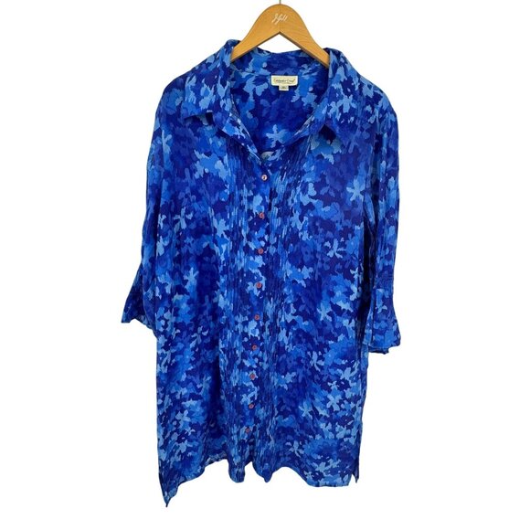 Coldwater Creek Womens Button Up Blue Floral Blouse 2X Pintuck Pleats 3/4 Sleeve - Picture 3 of 8